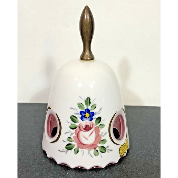 Hand Bell China with Brass Handle Pink Inside Cutouts Hand Painted Floral Design - Picture 5 of 10